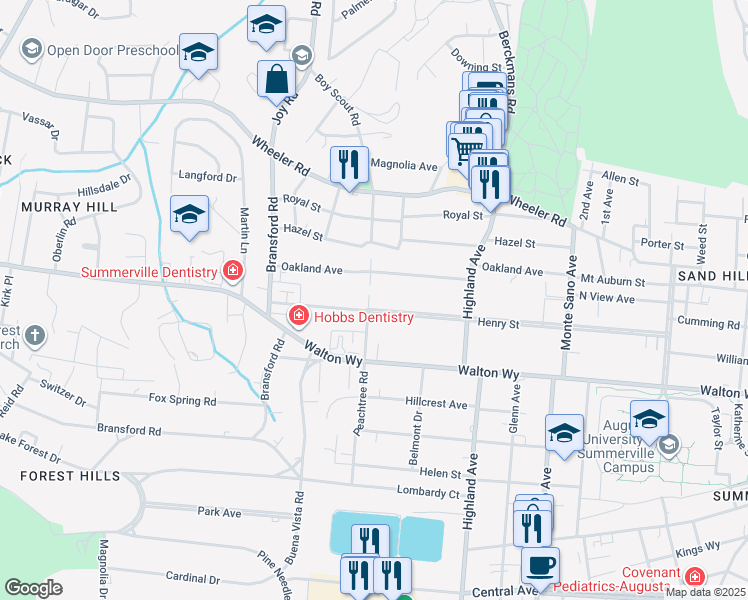 map of restaurants, bars, coffee shops, grocery stores, and more near 2799 Henry Street in Augusta