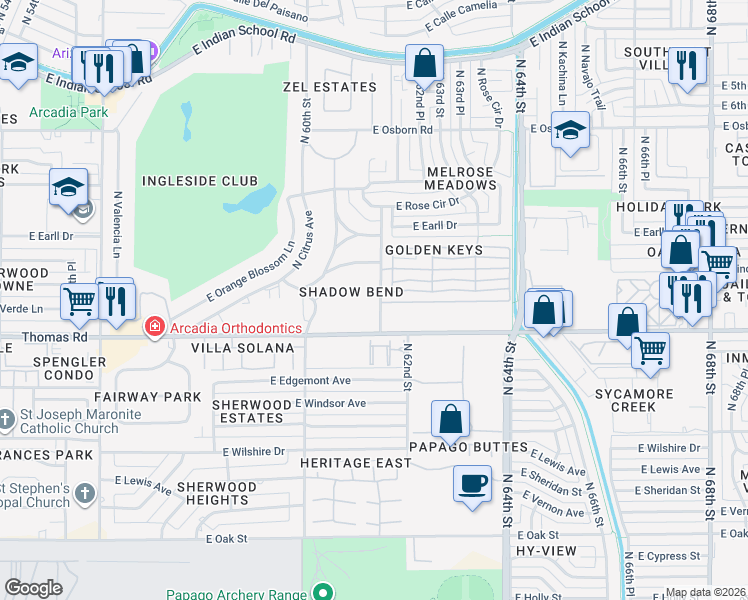 map of restaurants, bars, coffee shops, grocery stores, and more near 2938 North 61st Place in Scottsdale