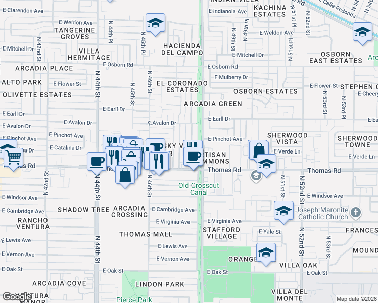 map of restaurants, bars, coffee shops, grocery stores, and more near 2934 North 47th Place in Phoenix