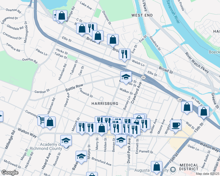 map of restaurants, bars, coffee shops, grocery stores, and more near 2008 Walker Saint Exd in Augusta