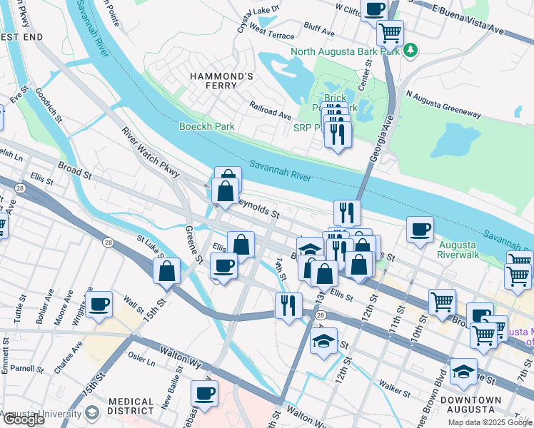map of restaurants, bars, coffee shops, grocery stores, and more near 1432 Reynolds St in Augusta