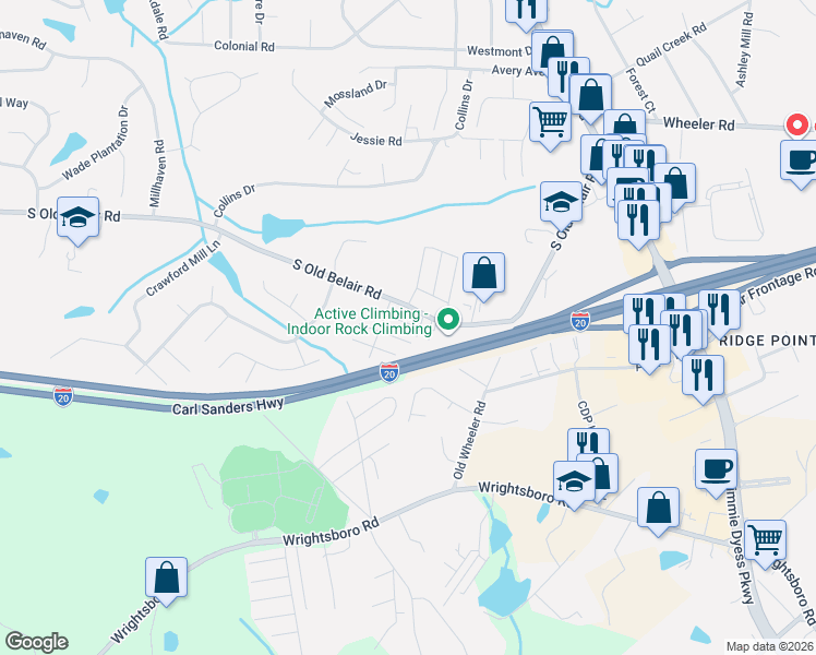 map of restaurants, bars, coffee shops, grocery stores, and more near 144 Ginkgo Lane in Grovetown