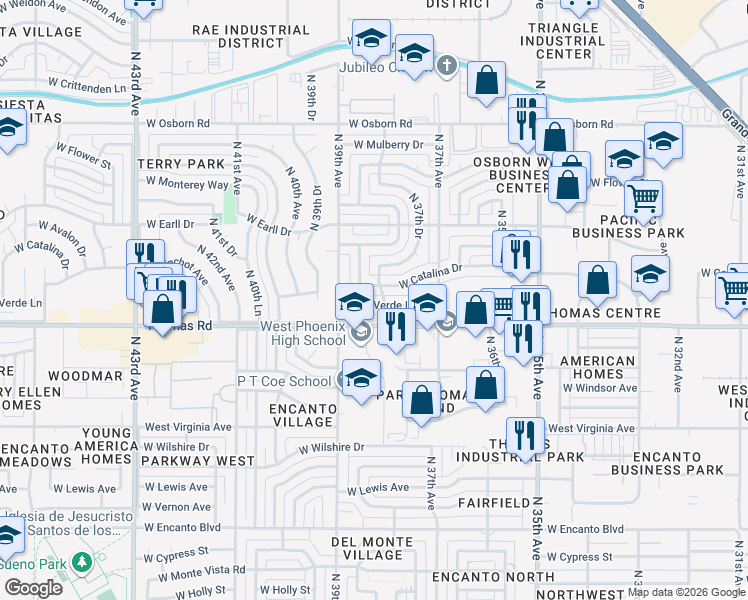 map of restaurants, bars, coffee shops, grocery stores, and more near 3806 West Verde Lane in Phoenix