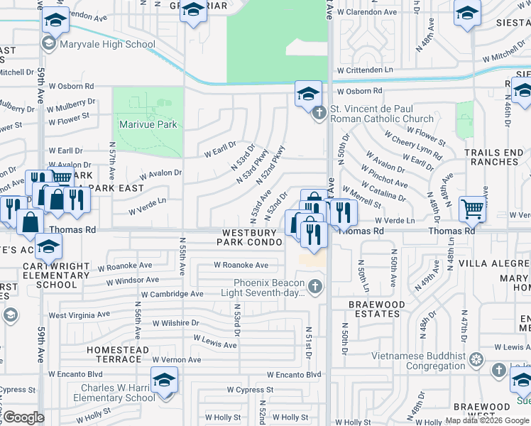map of restaurants, bars, coffee shops, grocery stores, and more near 2920 North 52nd Drive in Phoenix