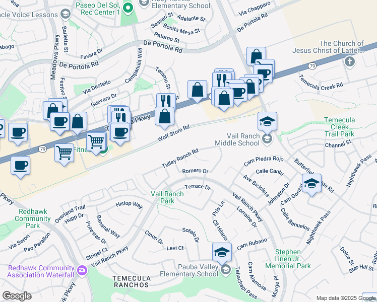 map of restaurants, bars, coffee shops, grocery stores, and more near 32956 Tulley Ranch Road in Temecula