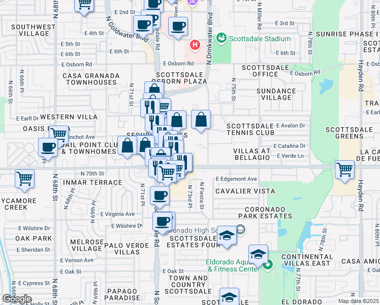 map of restaurants, bars, coffee shops, grocery stores, and more near 2929 North 73rd Street in Scottsdale