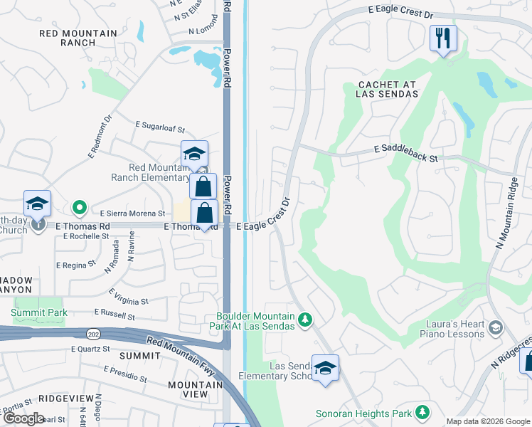 map of restaurants, bars, coffee shops, grocery stores, and more near 3614 North Sonoran Hills in Mesa