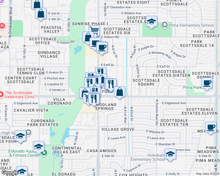 map of restaurants, bars, coffee shops, grocery stores, and more near in Scottsdale