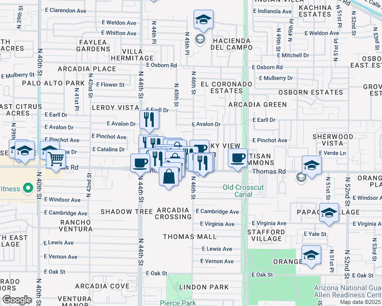 map of restaurants, bars, coffee shops, grocery stores, and more near 4601 East Catalina Drive in Phoenix