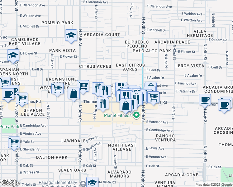map of restaurants, bars, coffee shops, grocery stores, and more near 2927 North 38th Street in Phoenix