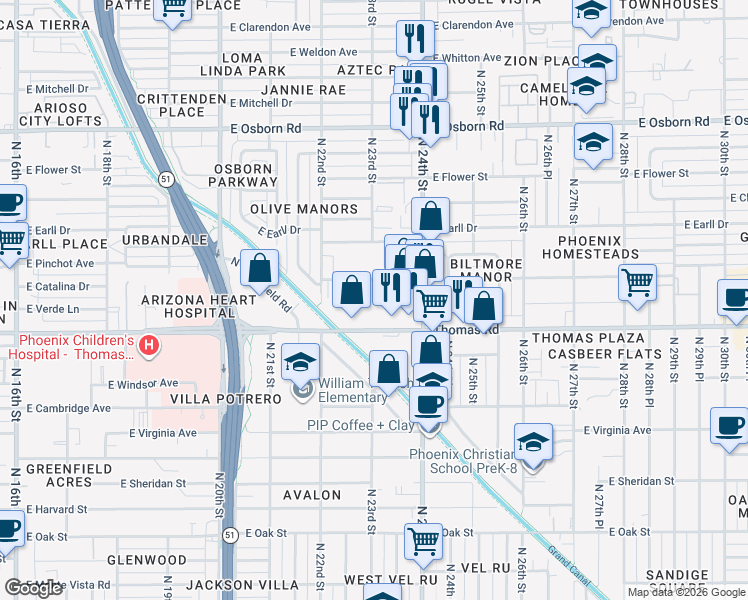 map of restaurants, bars, coffee shops, grocery stores, and more near 2315 East Pinchot Avenue in Phoenix