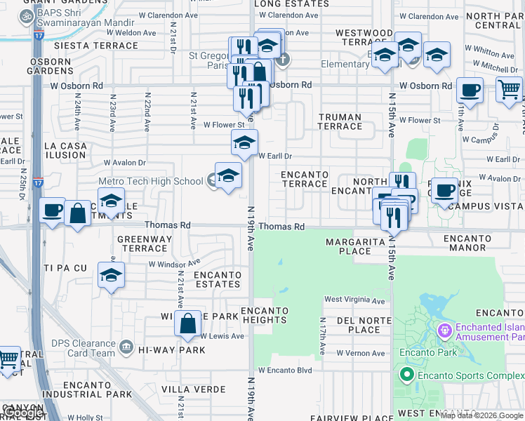 map of restaurants, bars, coffee shops, grocery stores, and more near 2917 North 19th Avenue in Phoenix