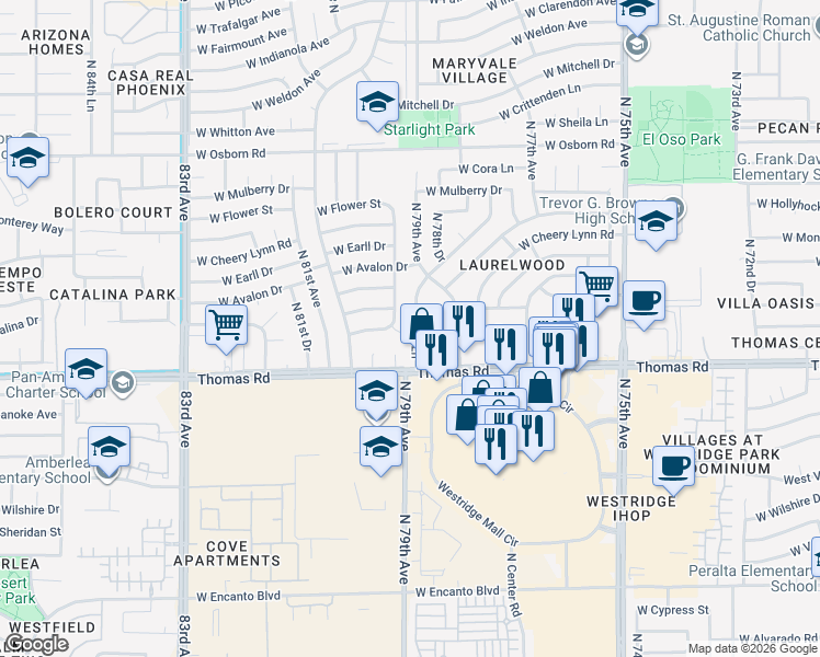 map of restaurants, bars, coffee shops, grocery stores, and more near 2935 North 79th Lane in Phoenix