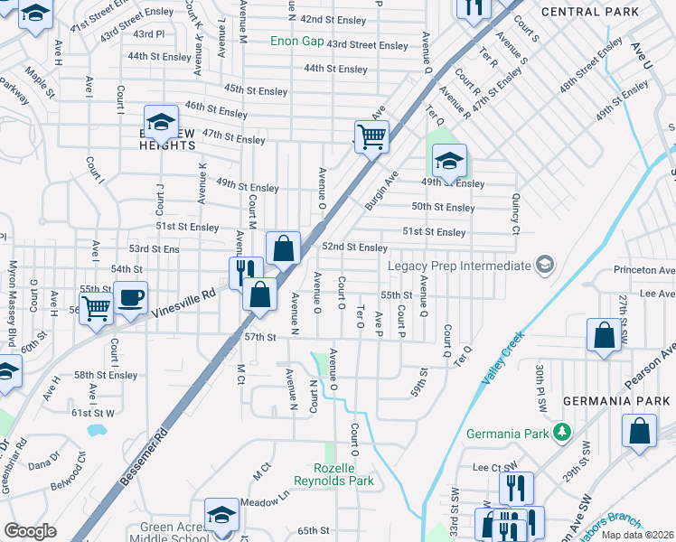 map of restaurants, bars, coffee shops, grocery stores, and more near 1508 53rd Street Ensley in Birmingham