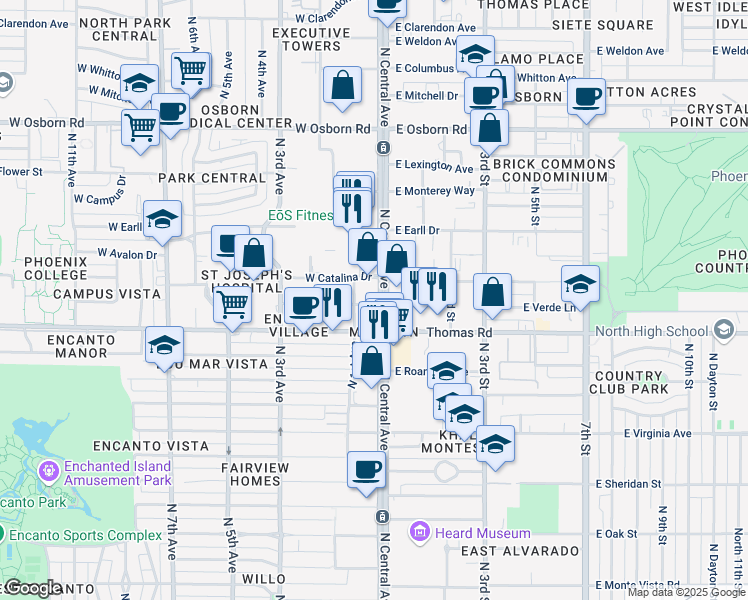 map of restaurants, bars, coffee shops, grocery stores, and more near 3002 North Central Avenue in Phoenix