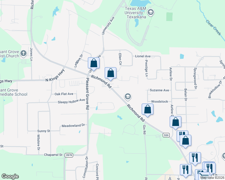 map of restaurants, bars, coffee shops, grocery stores, and more near 6258 Farm to Market 559 in Texarkana