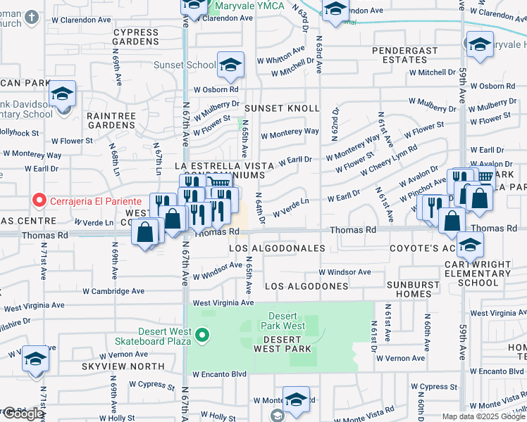 map of restaurants, bars, coffee shops, grocery stores, and more near 6438 West Verde Lane in Phoenix