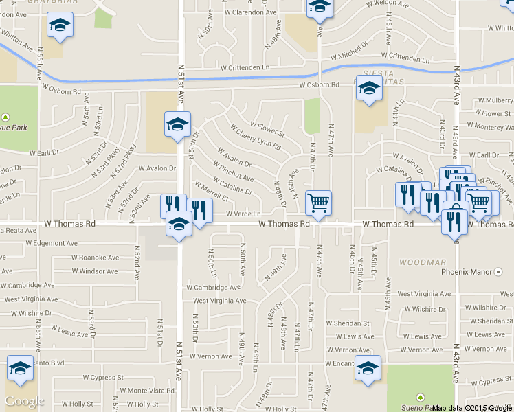 map of restaurants, bars, coffee shops, grocery stores, and more near 4811 West Catalina Drive in Phoenix