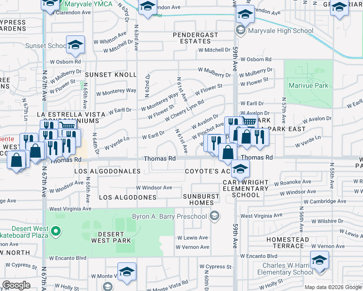 map of restaurants, bars, coffee shops, grocery stores, and more near 2924 North 61st Avenue in Phoenix