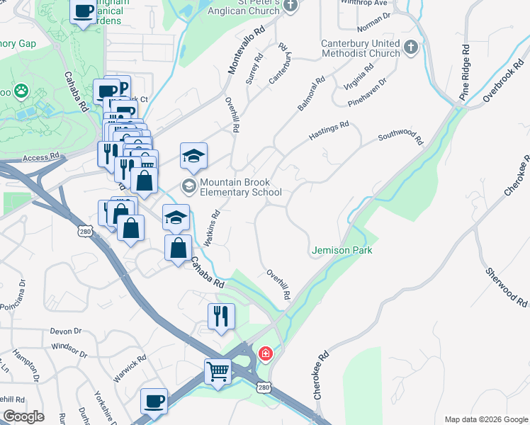 map of restaurants, bars, coffee shops, grocery stores, and more near 3107 Overhill Road in Birmingham