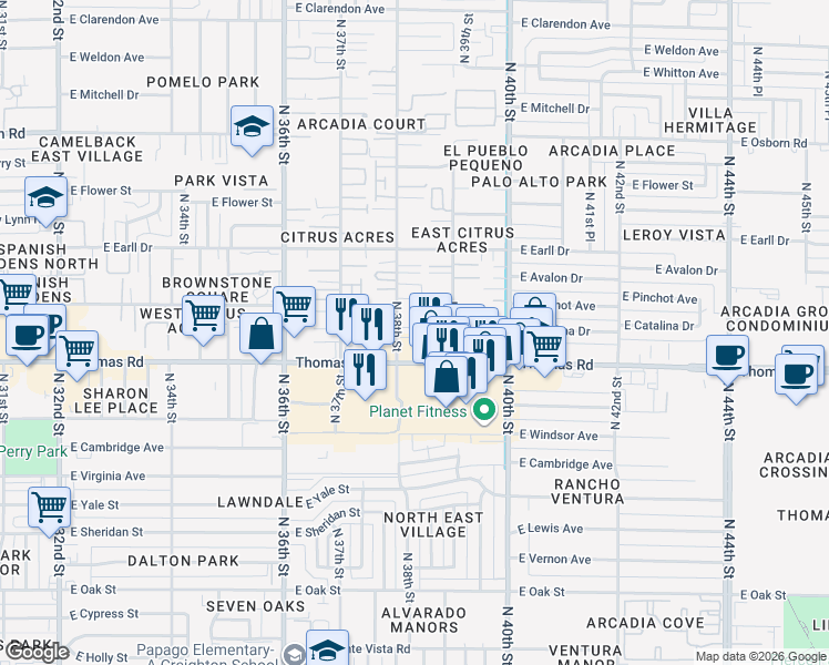 map of restaurants, bars, coffee shops, grocery stores, and more near 2927 North 38th Street in Phoenix
