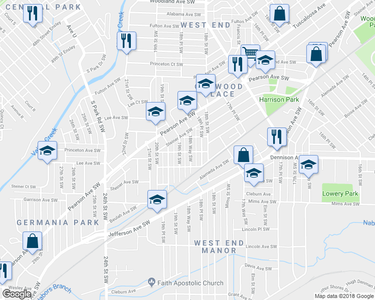 map of restaurants, bars, coffee shops, grocery stores, and more near 820 18th Way Southwest in Birmingham