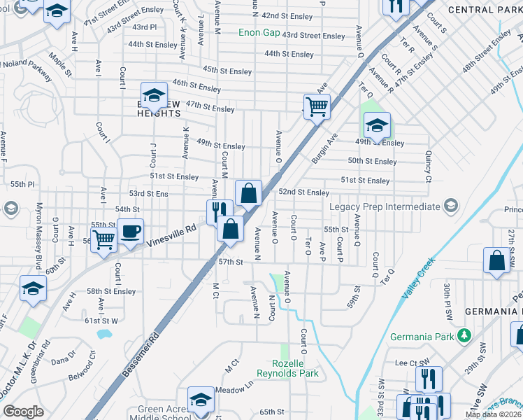 map of restaurants, bars, coffee shops, grocery stores, and more near 1359 Bessemer Road in Birmingham