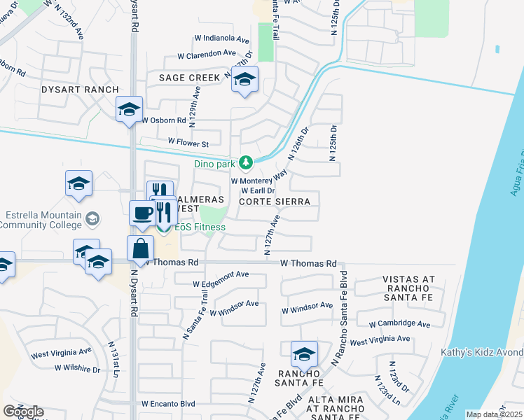 map of restaurants, bars, coffee shops, grocery stores, and more near 12725 West Avalon Drive in Avondale