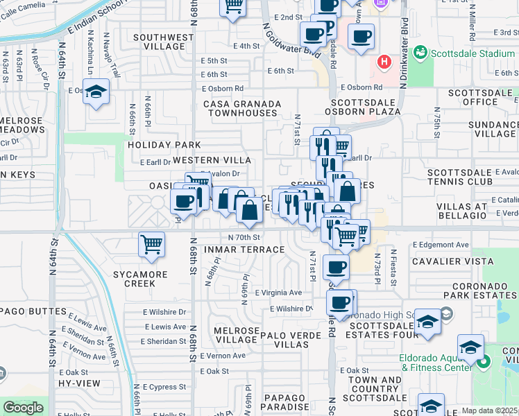 map of restaurants, bars, coffee shops, grocery stores, and more near 2928 North 70th Street in Scottsdale
