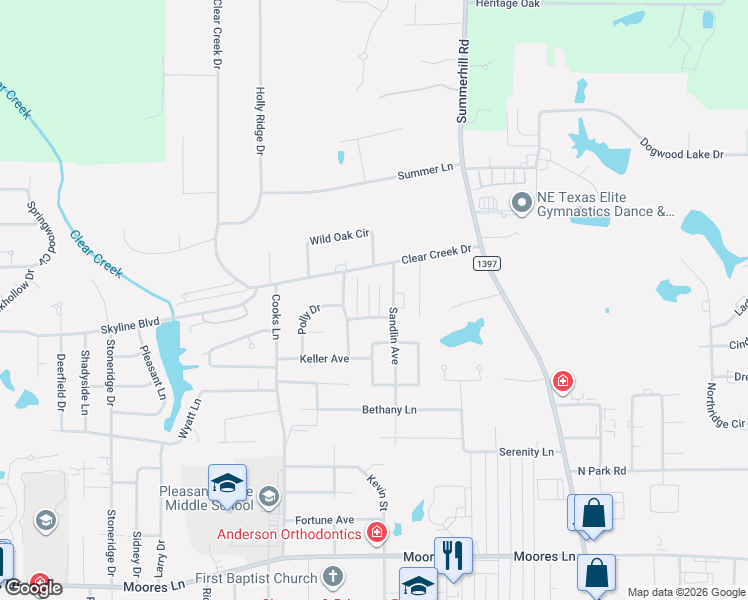 map of restaurants, bars, coffee shops, grocery stores, and more near 6220 Gould Place in Texarkana