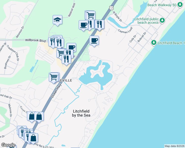map of restaurants, bars, coffee shops, grocery stores, and more near 9 Oyster Catcher Place in Pawleys Island