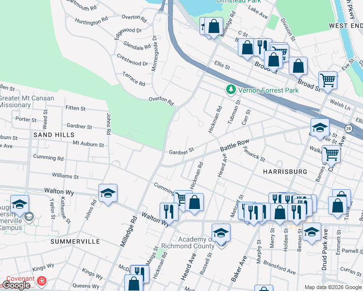 map of restaurants, bars, coffee shops, grocery stores, and more near 635 Gary Street in Augusta