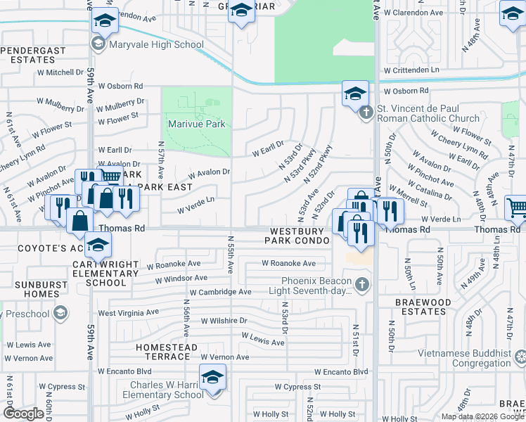 map of restaurants, bars, coffee shops, grocery stores, and more near 2919 North 54th Drive in Phoenix