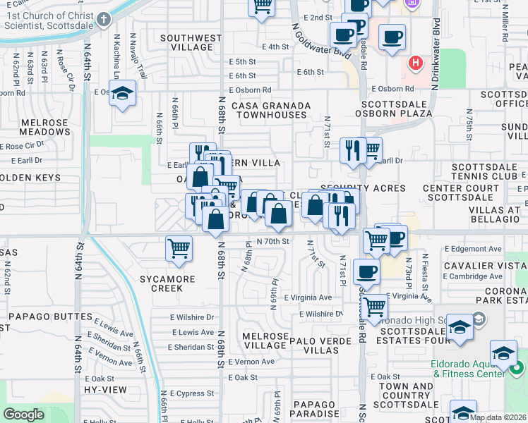 map of restaurants, bars, coffee shops, grocery stores, and more near 3002 North 70th Street in Scottsdale
