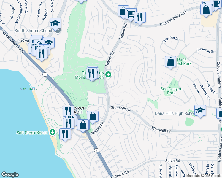 map of restaurants, bars, coffee shops, grocery stores, and more near 102 Tennis Villas Drive in Dana Point