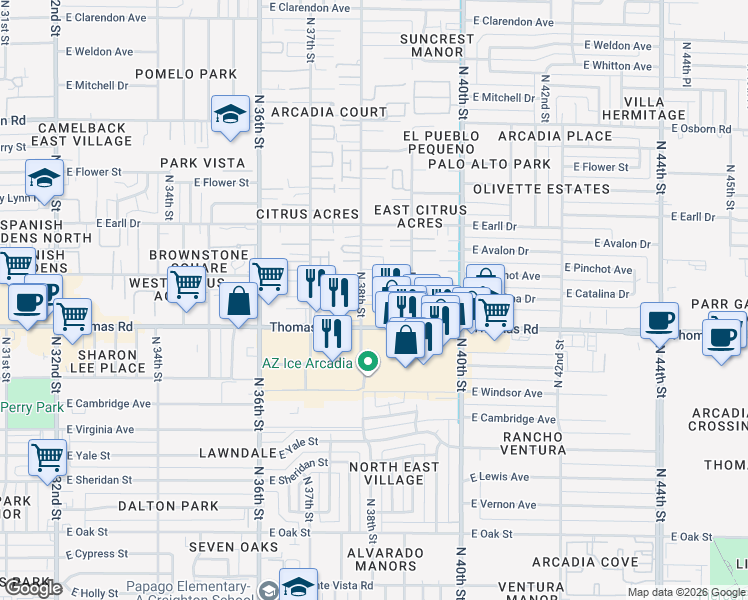map of restaurants, bars, coffee shops, grocery stores, and more near 2927 North 38th Street in Phoenix