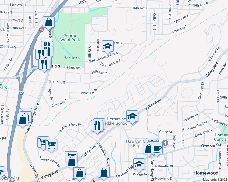 map of restaurants, bars, coffee shops, grocery stores, and more near 1200 Beacon Parkway East in Birmingham