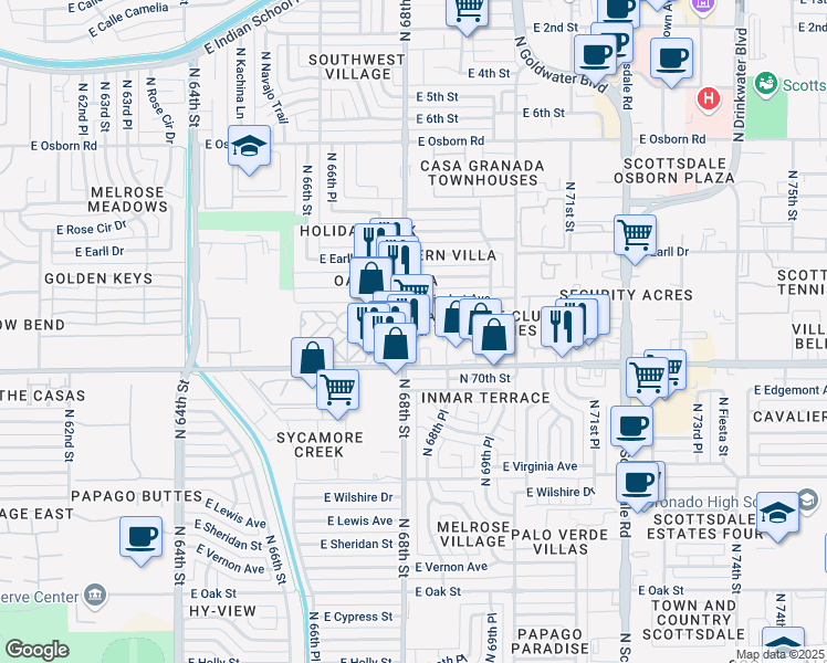 map of restaurants, bars, coffee shops, grocery stores, and more near 2931 North 68th Street in Scottsdale