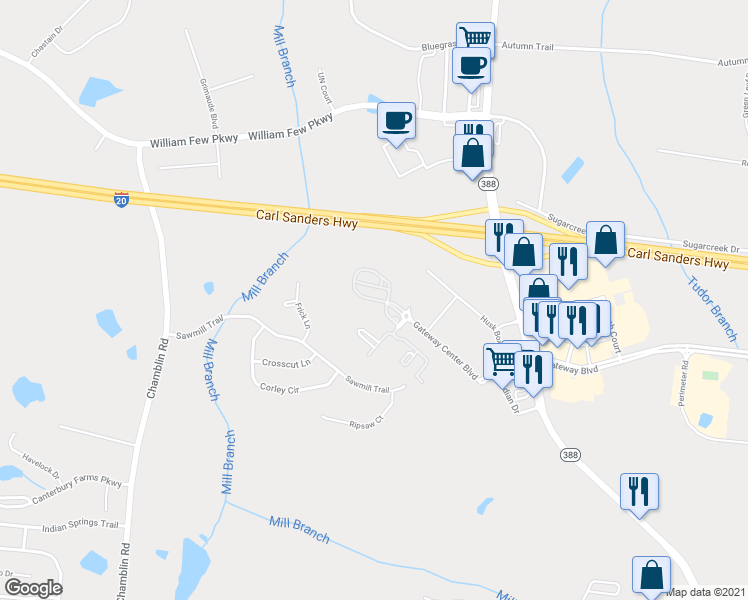 map of restaurants, bars, coffee shops, grocery stores, and more near Halton Drive in Grovetown