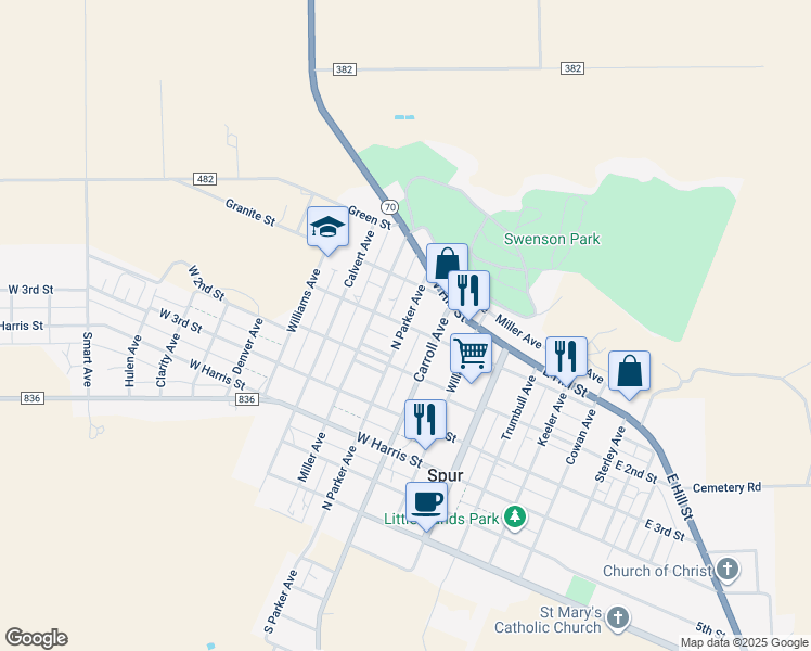 map of restaurants, bars, coffee shops, grocery stores, and more near 399 West 1st Street in Spur