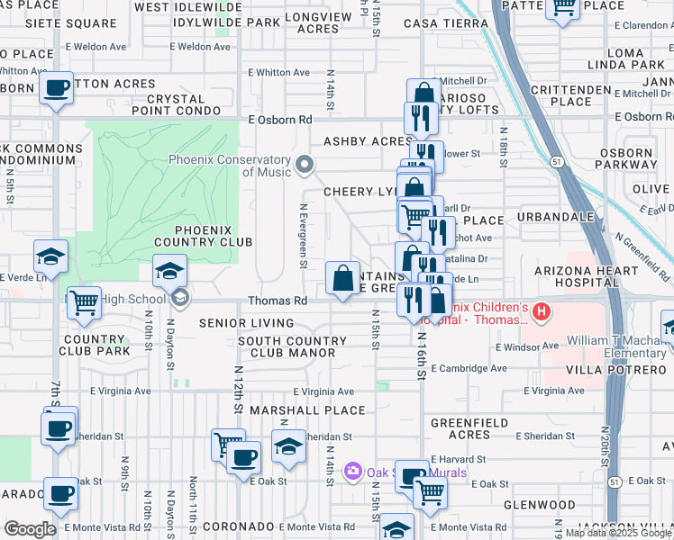 map of restaurants, bars, coffee shops, grocery stores, and more near 2932 North 14th Street in Phoenix