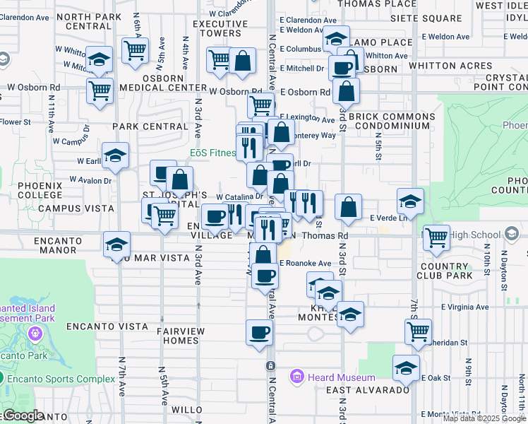 map of restaurants, bars, coffee shops, grocery stores, and more near 3002 North Central Avenue in Phoenix