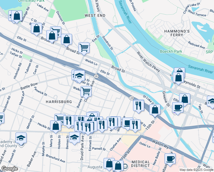 map of restaurants, bars, coffee shops, grocery stores, and more near 1723 Hicks Street in Augusta