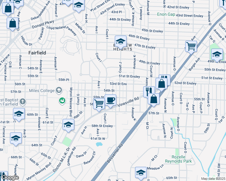 map of restaurants, bars, coffee shops, grocery stores, and more near 5401 Ave J in Birmingham