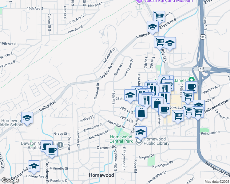 map of restaurants, bars, coffee shops, grocery stores, and more near 1601 Woodfern Drive in Birmingham