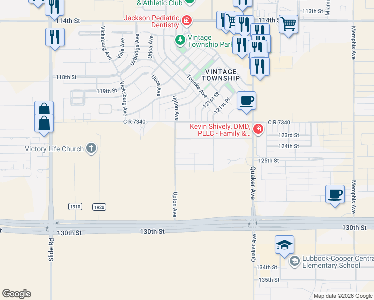 map of restaurants, bars, coffee shops, grocery stores, and more near 4607 124th St in Lubbock