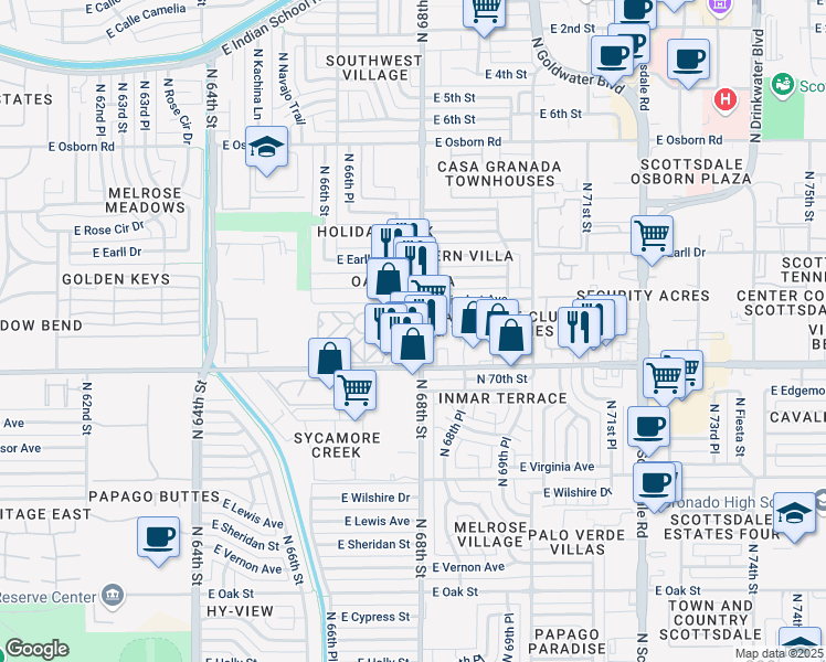 map of restaurants, bars, coffee shops, grocery stores, and more near 2931 North 68th Street in Scottsdale