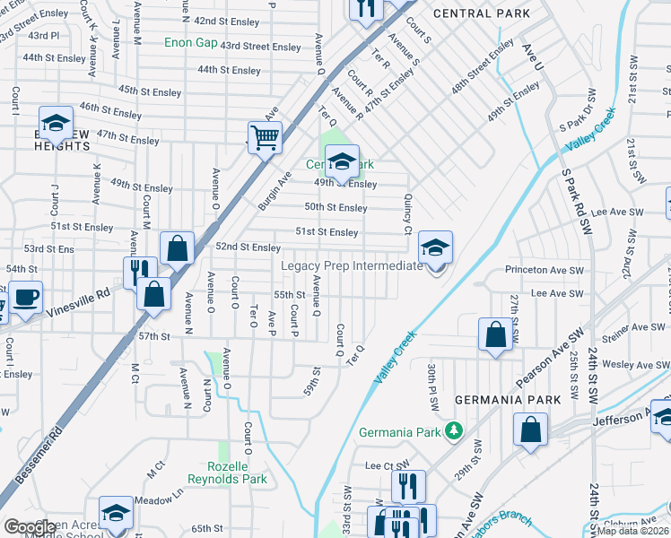 map of restaurants, bars, coffee shops, grocery stores, and more near 5219 Court Q in Birmingham