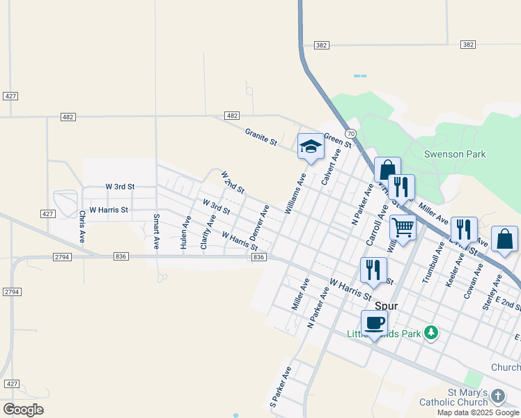 map of restaurants, bars, coffee shops, grocery stores, and more near 500-598 Denver Avenue in Spur