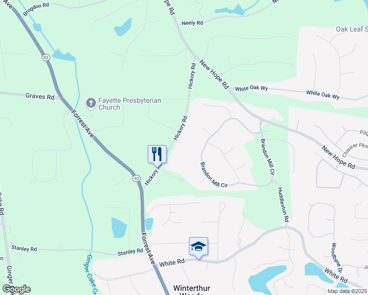map of restaurants, bars, coffee shops, grocery stores, and more near 190 Hickory Road in Fayetteville